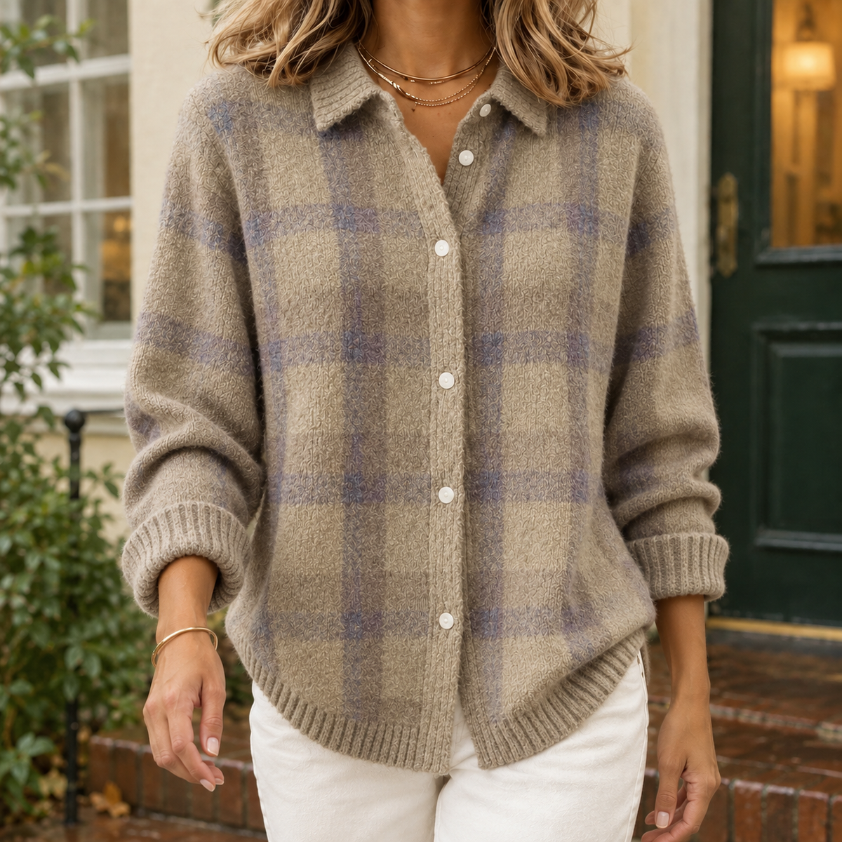 Audrey Plaid Cardigan - Taupe