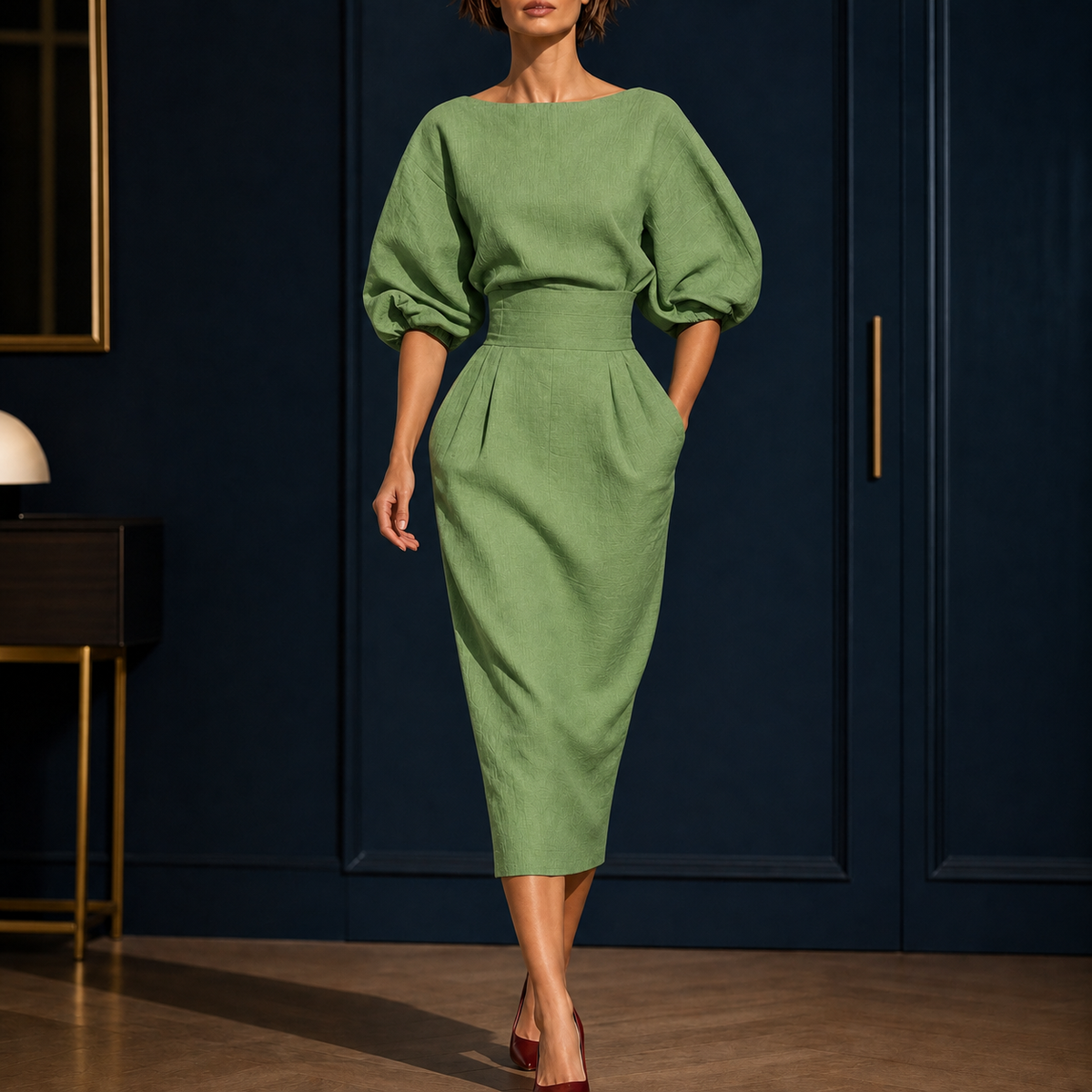 Brooke Sculpted Midi Dress - Yellowish Green