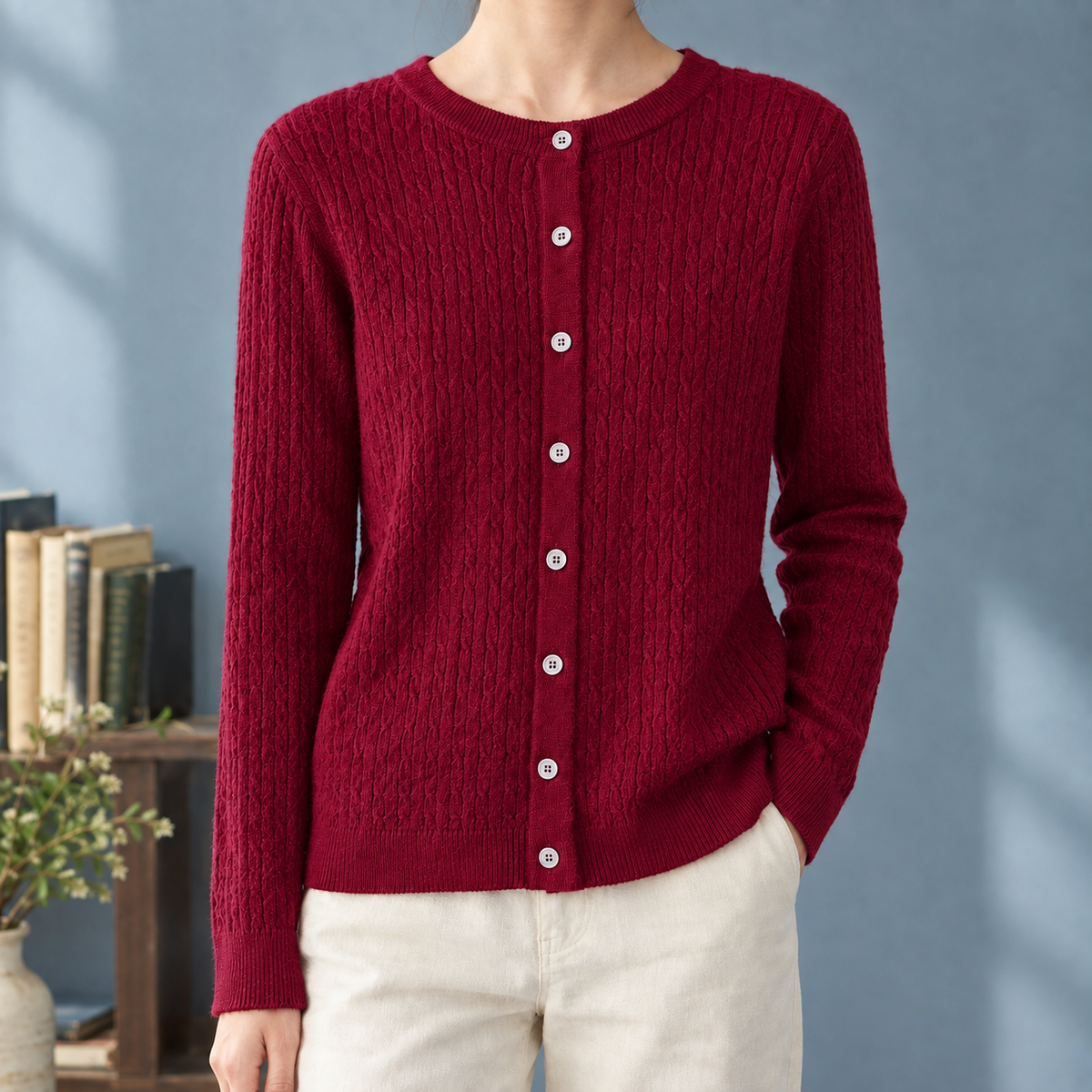 Caroline Cable Knit Cardigan - Burgundy