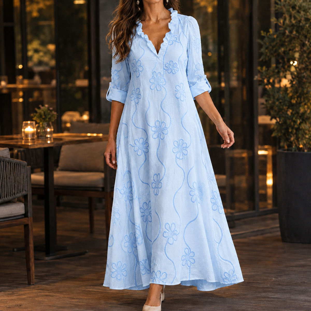 Cora Embroidered Maxi Dress - Sky Blue