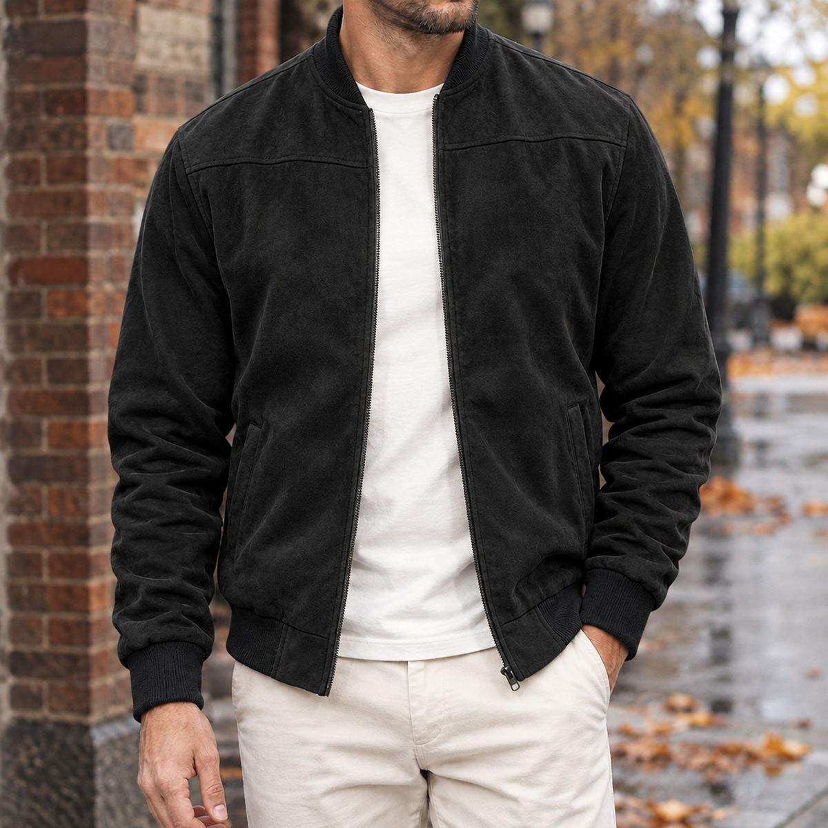 Ross Suede Bomber Jacket - Black