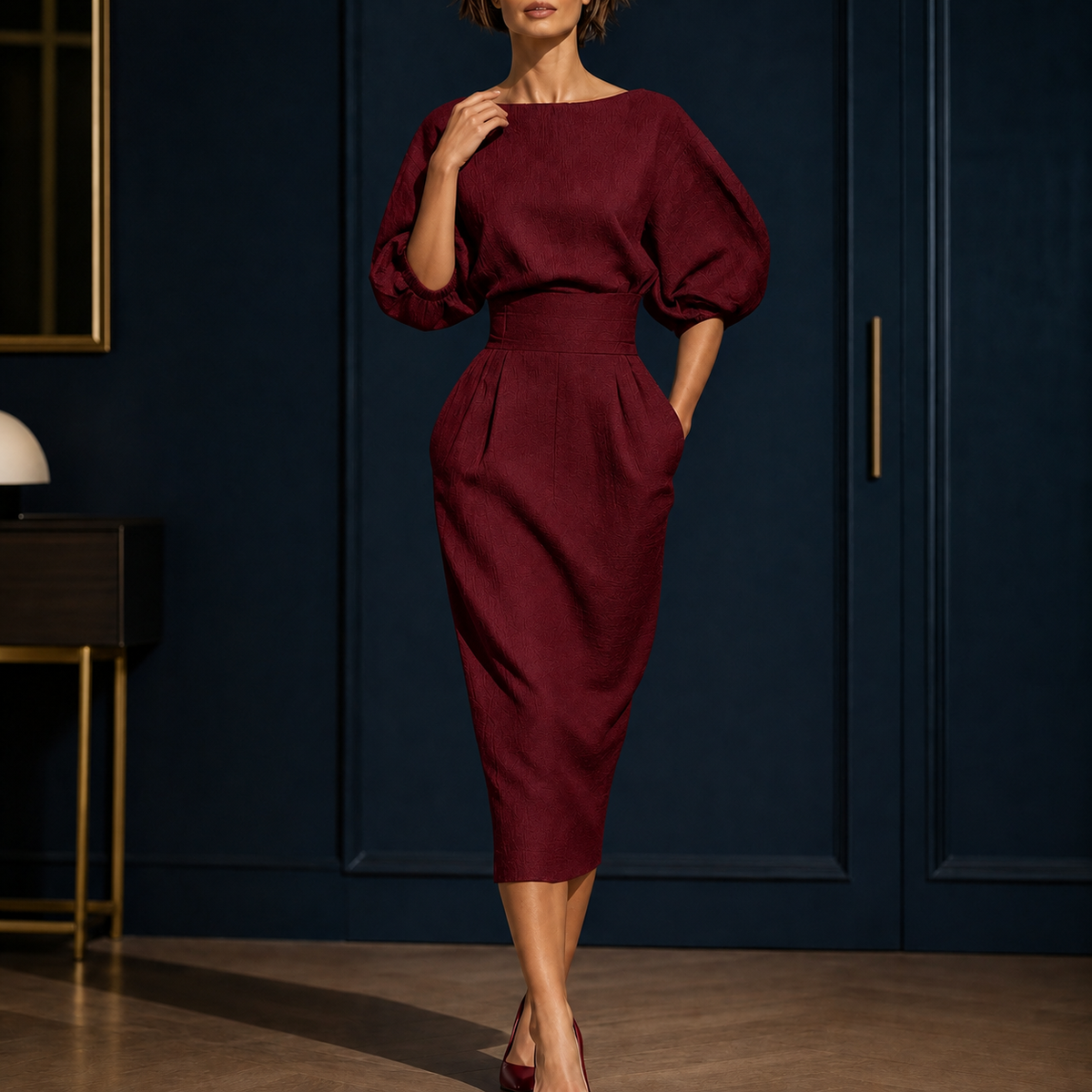 Brooke Sculpted Midi Dress - Wine Red