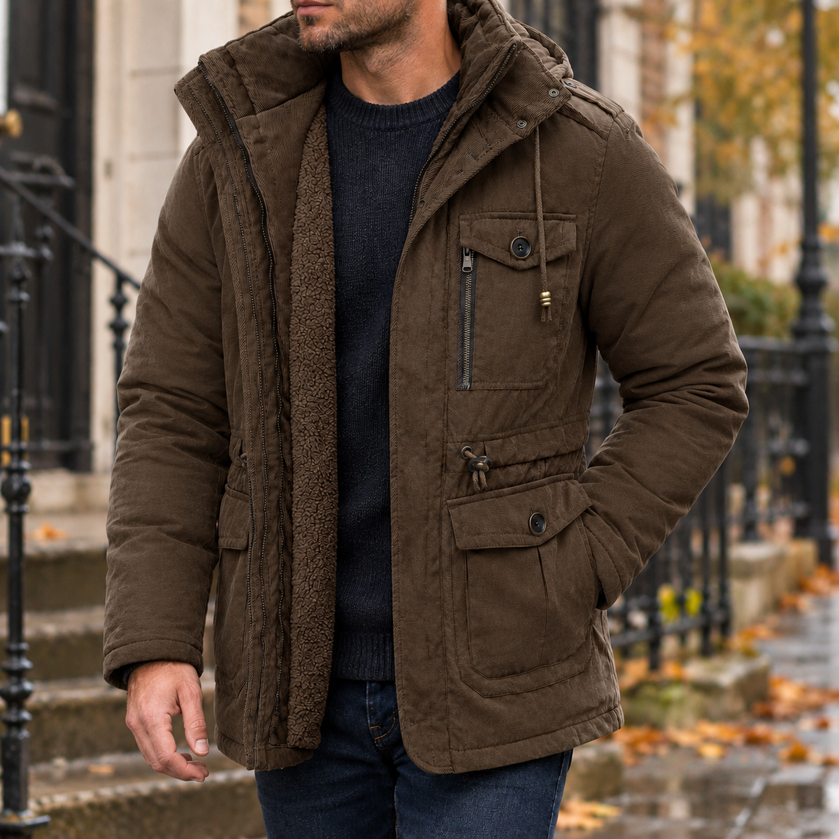 Gustave Hooded Utility Jacket - Brown