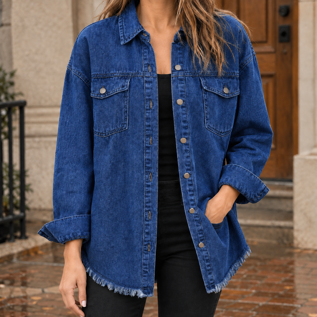 Odalys Frayed Denim Overshirt - Dark Blue