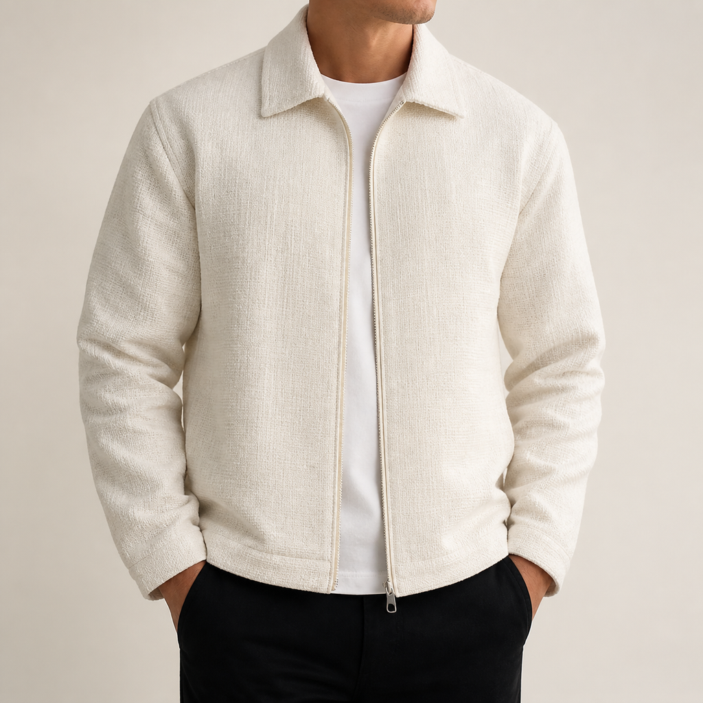 Beige textured lapel zip jacket on a male model in a clean studio.