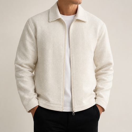 Beige textured lapel zip jacket on a male model in a clean studio.