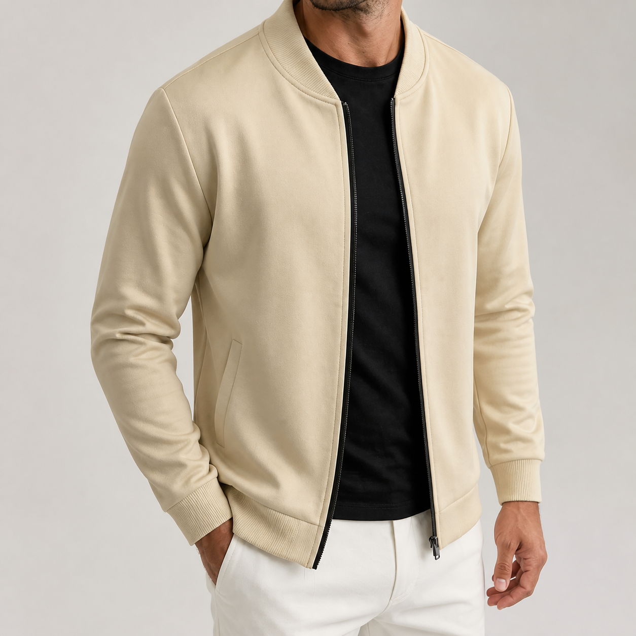 Khaki lightweight bomber jacket on a male model in a clean studio.