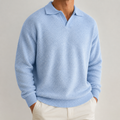 Light blue textured polo collar sweater on a male model in a clean studio.