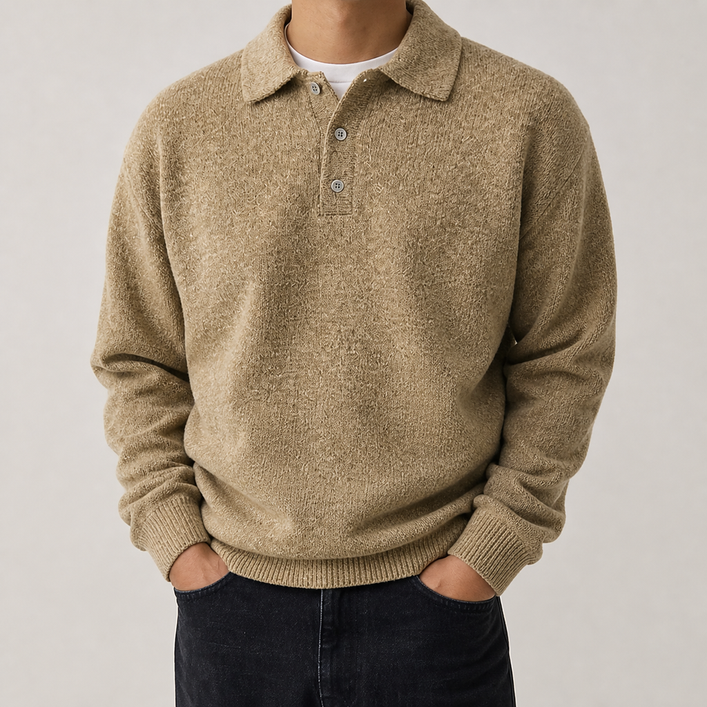 Yellow brown textured polo collar sweater on a male model in a clean studio.