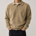Yellow brown textured polo collar sweater on a male model in a clean studio.
