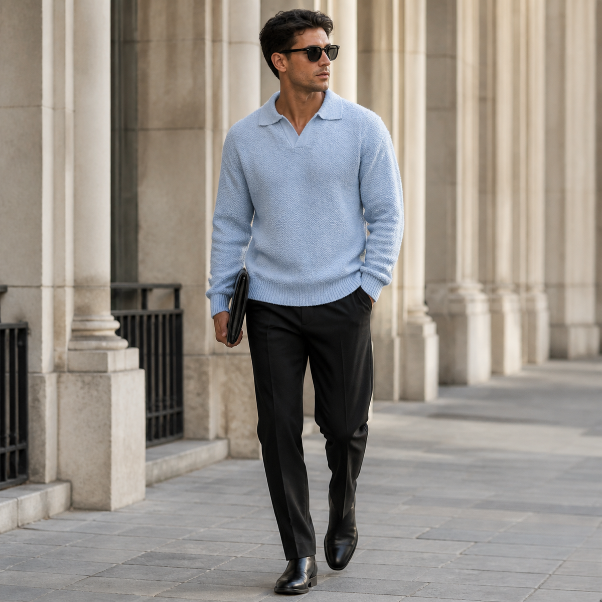 Light blue textured polo sweater outdoor walking lifestyle corrected v4