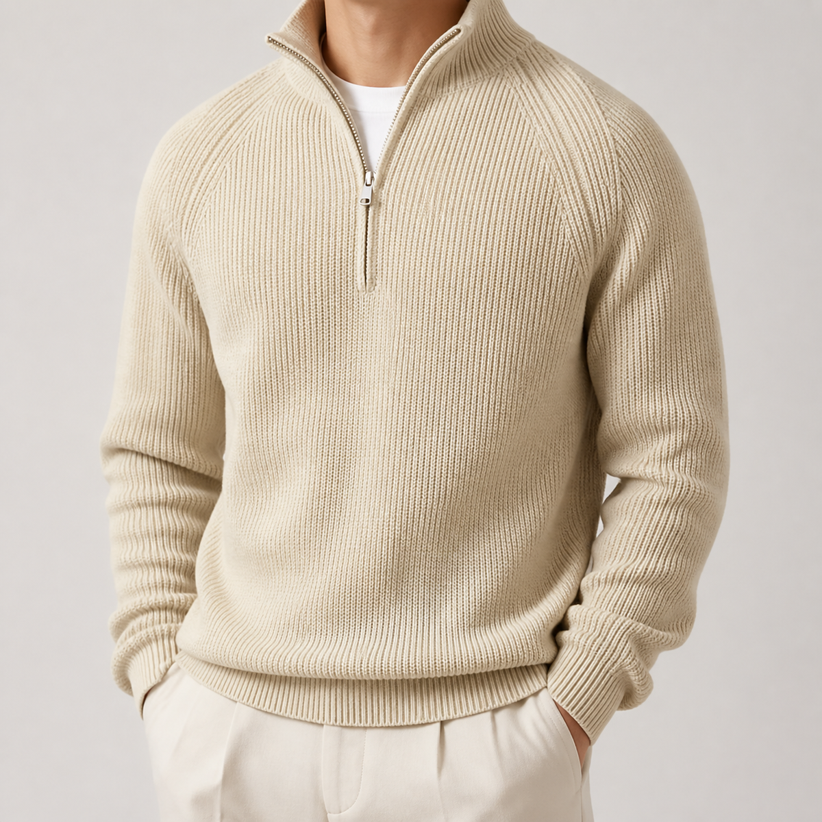 Beige thick ribbed quarter zip sweater on a male model in a clean studio.