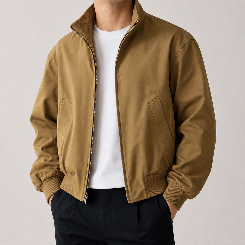 Khaki stand collar bomber jacket on a male model in a clean studio.