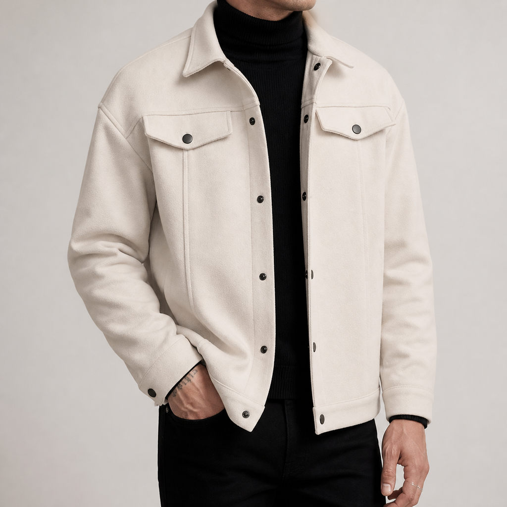 Apricot relaxed trucker jacket on a male model in a clean studio.