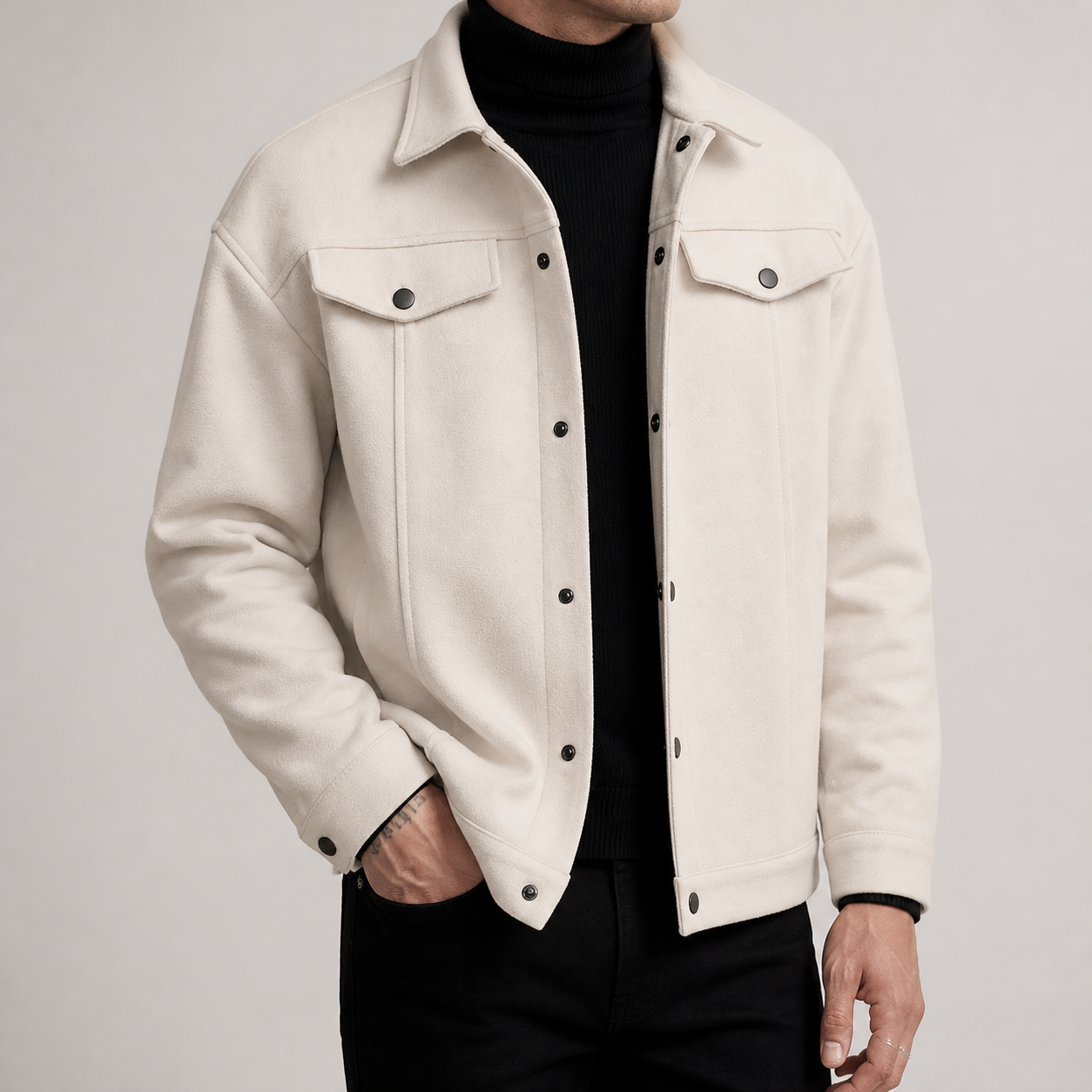 Apricot relaxed trucker jacket on a male model in a clean studio.