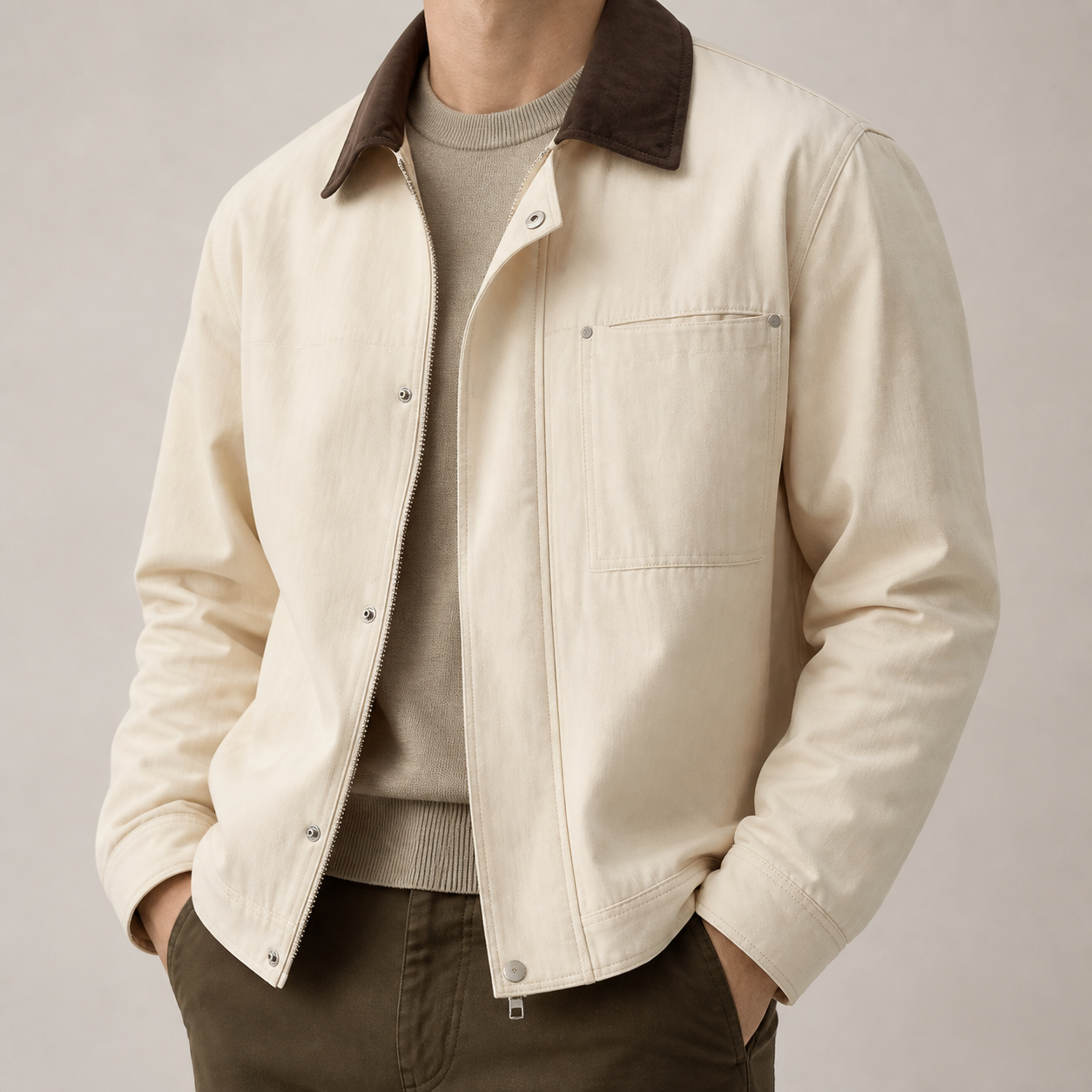 Off white work trucker jacket with contrast collar on a male model in a clean studio.