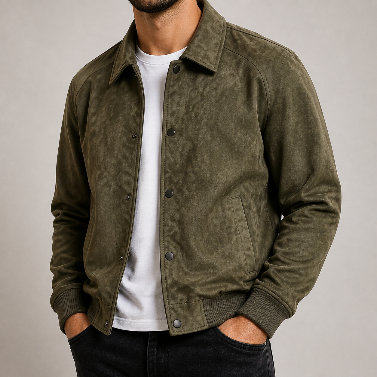 Military green oversized workwear jacket on a male model in a clean studio.